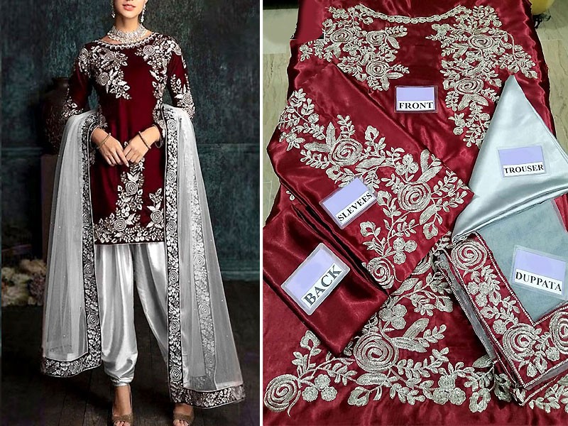 Embroidered Maroon Silk Party Wear Suit 2021
