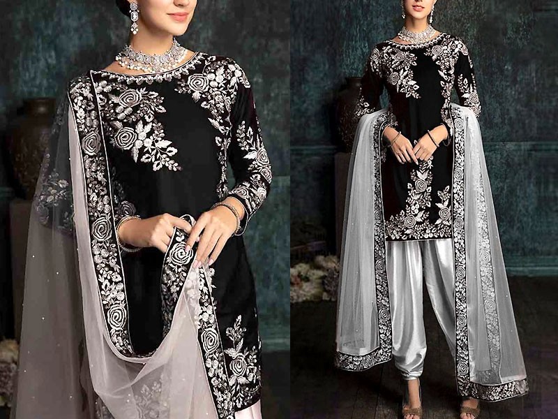 Embroidered Black Silk Party Wear Dress 2021
