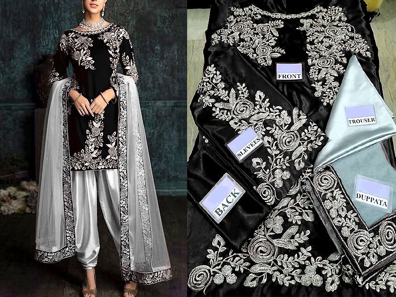 Embroidered Black Silk Party Wear Dress 2021
