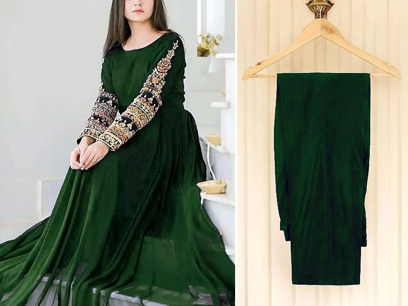 Readymade 2-Piece Embroidered Green Chiffon Maxi with Plain Trouser Price in Pakistan