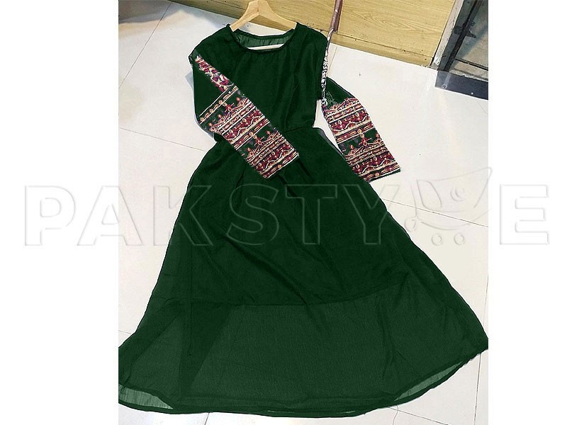 Ready Made Embroidered Green Chiffon Maxi with Inner