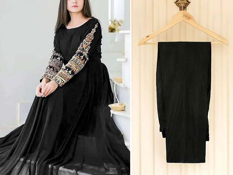Readymade 2-Piece Embroidered Black Chiffon Maxi with Plain Trouser