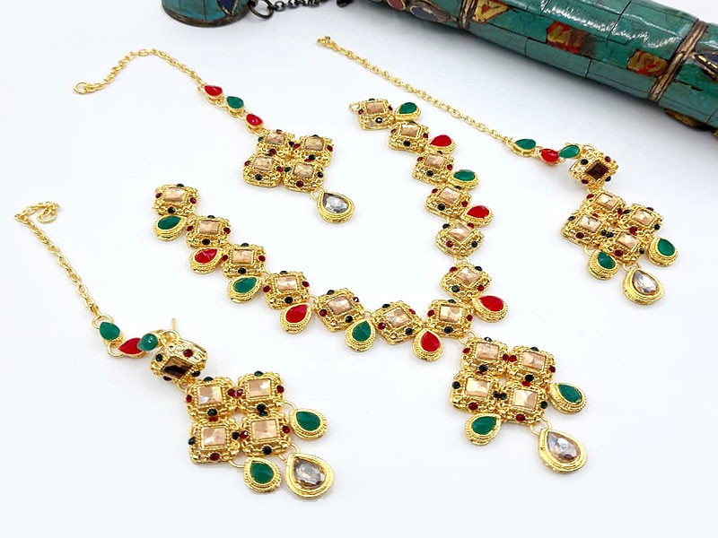 Multi-Colored Stone Party Wear Jewelry Set with Earrings & Tikka