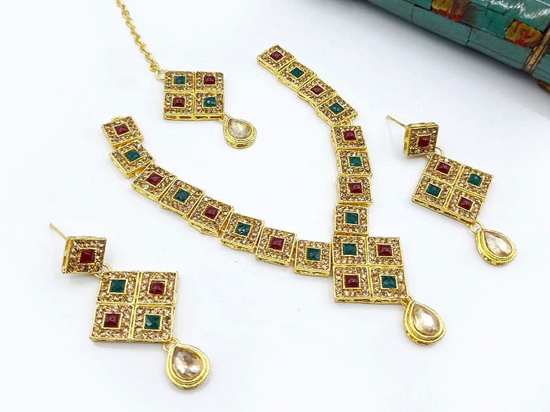 Decent Multi-Colored Stone Necklace Set with Earrings & Tikka