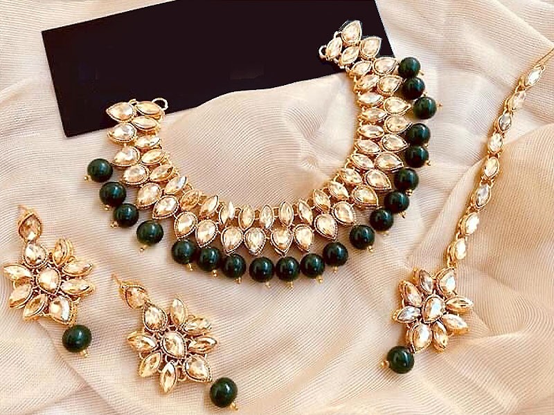 Adorable Green Beads Party Wear Jewellery Set with Earrings & Tikka