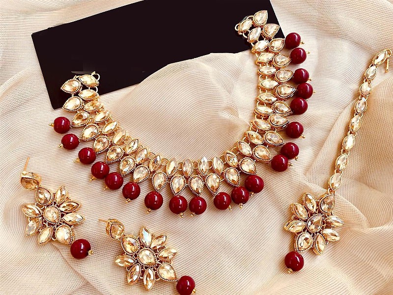 Adorable Maroon Beads Party Wear Jewellery Set with Earrings & Tikka