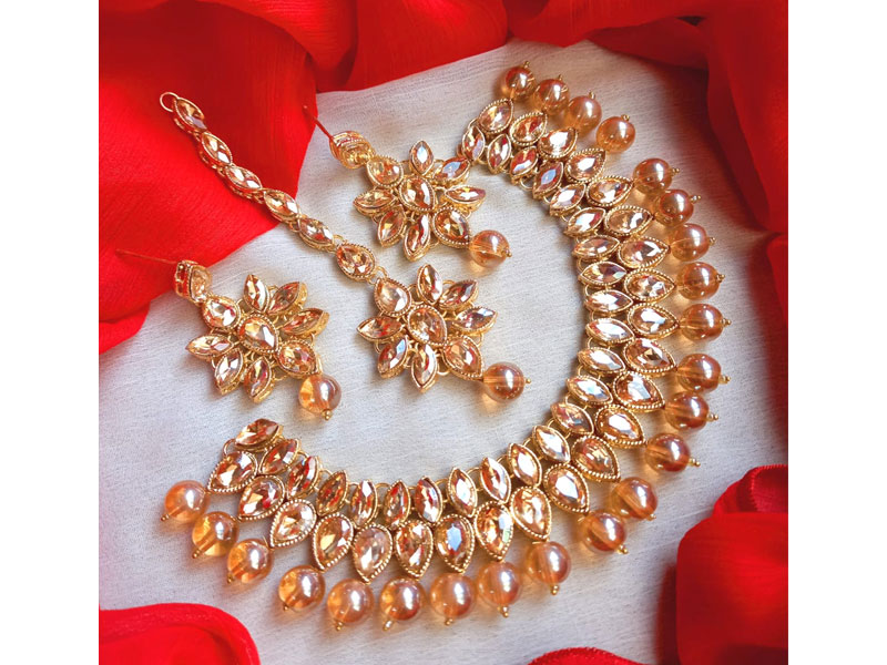 Glamorous Champagne Beads Party Wear Necklace Set with Earrings & Tikka