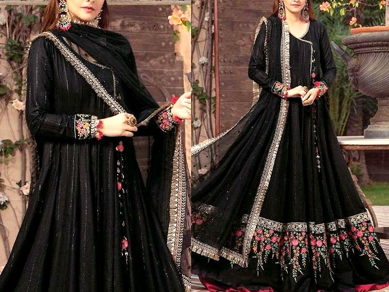 Embroidered Black Chiffon Party Wear Frock with Inner
