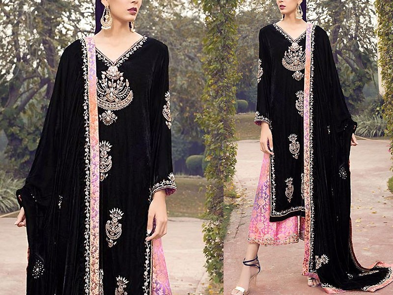 Elegant Embroidered Velvet Party Wear Dress with Embroidered Net Dupatta Price in Pakistan