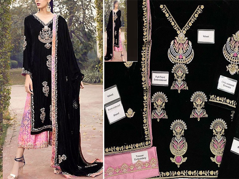 Heavy Embroidered Black Velvet Dress with Velvet Shawl