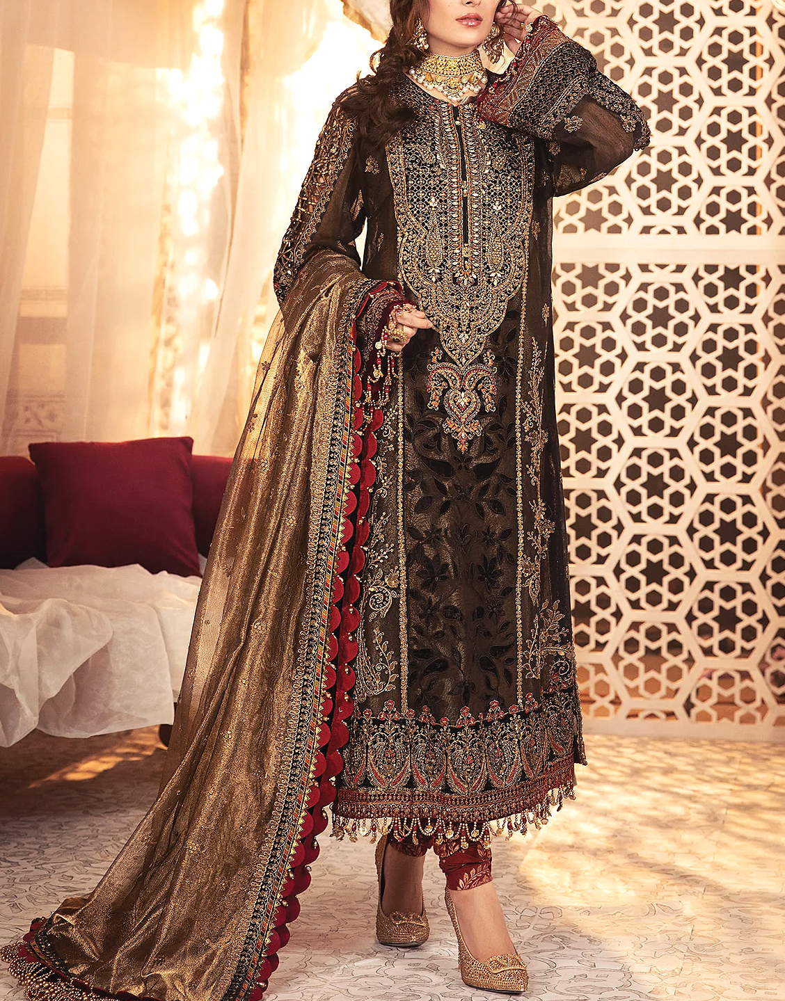 Heavy Embroidered Handwork Organza Wedding Dress with Net