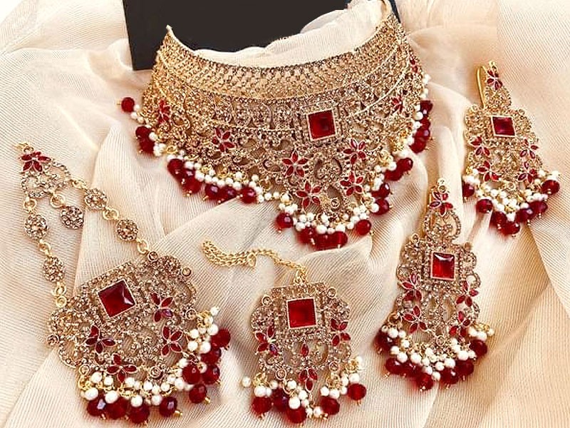 Ethnic Bridal Collar Choker Necklace Set with Earrings, Jhummar and Tikka