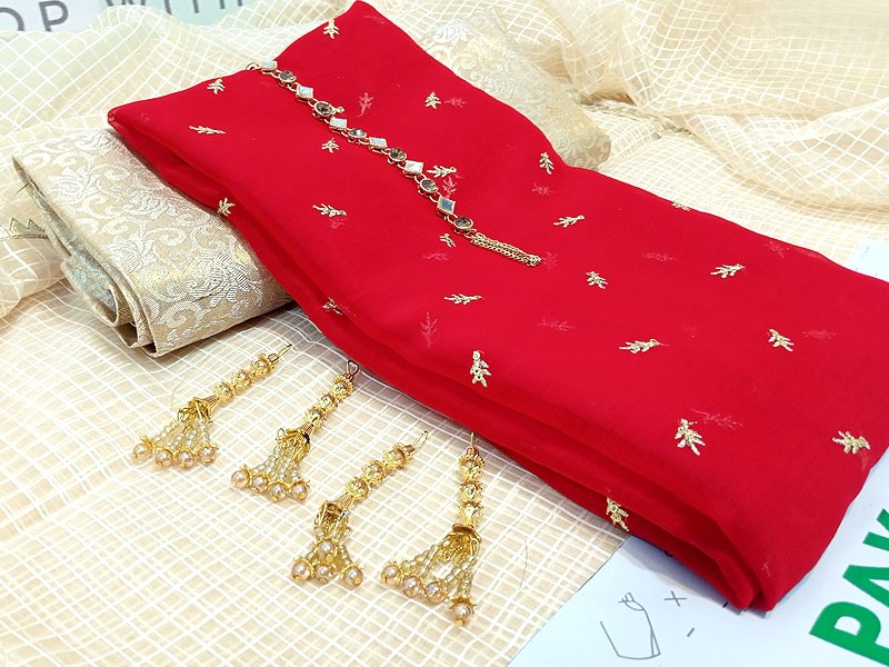 Banarsi Style Embroidered Chiffon Dress with Organza Check Dupatta