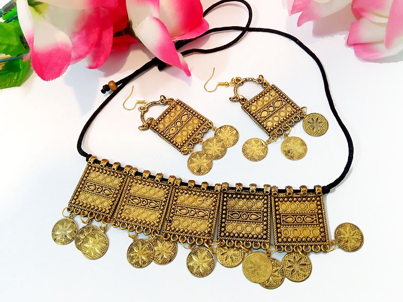 Antique Afghani Coin Choker Necklace with Earrings