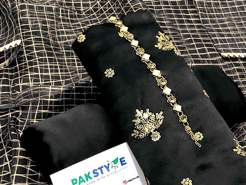 Fancy Embroidered Black Shamoz Silk Party Wear Dress with Shamoz Silk Trouser