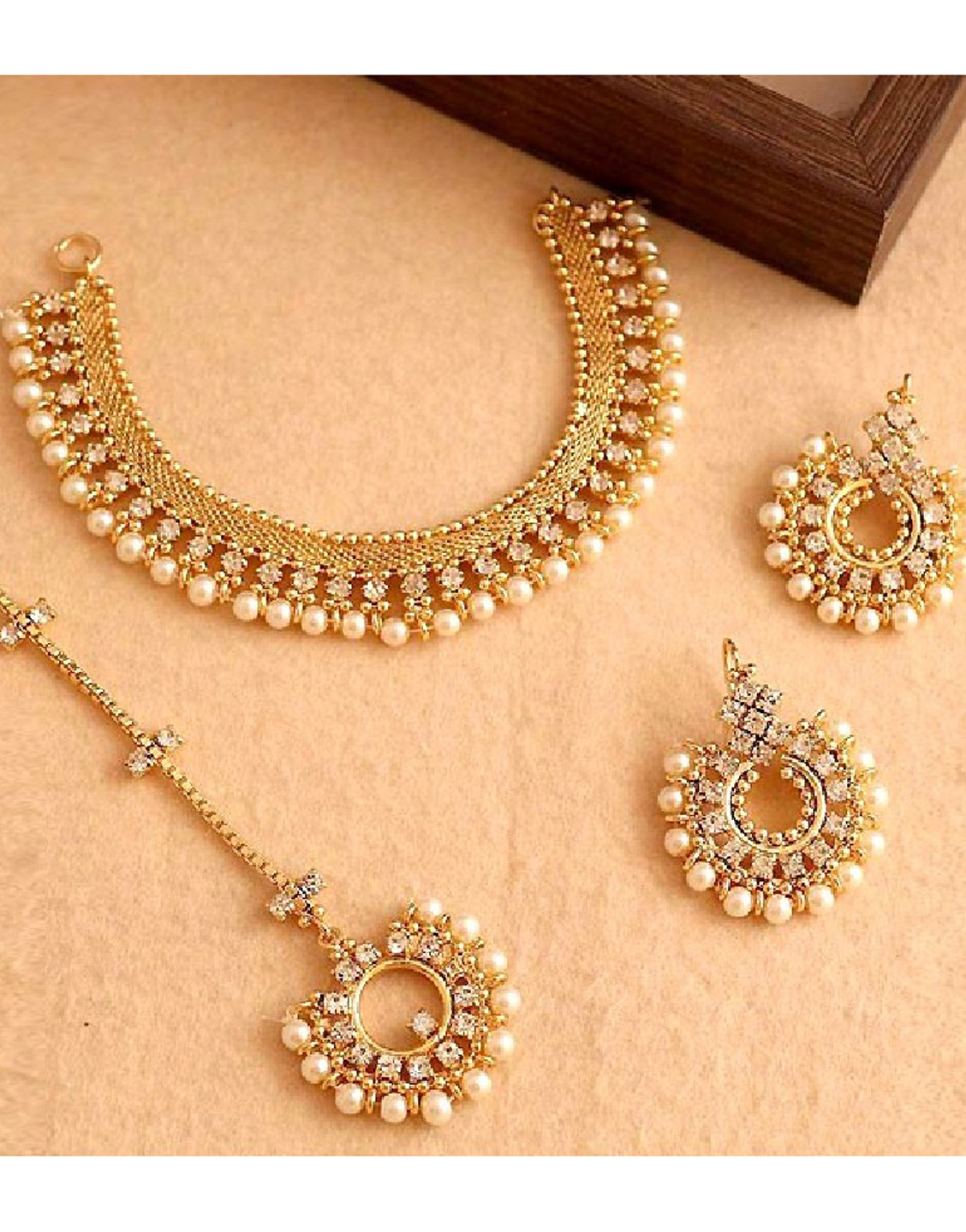 Elegant Pearl Golden Jewelry Set with Earrings & Tikka Price in Pakistan