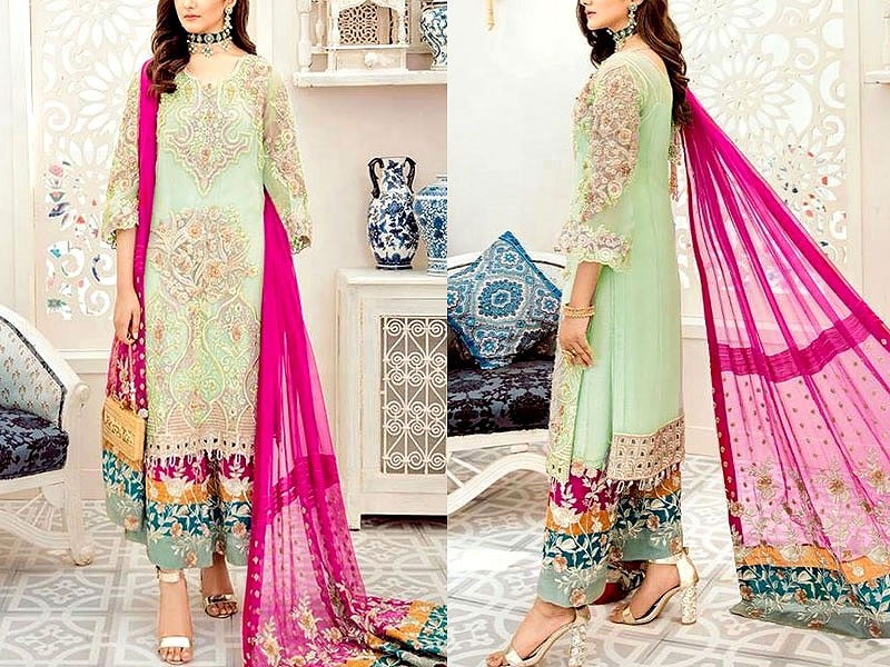 Embroidered Green Chiffon Frock with Embroidered Net Dupatta Price in Pakistan
