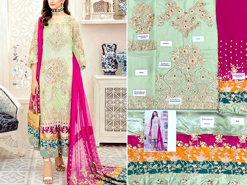 Adorable Embroidered Chiffon Party Wear Dress with Embroidered Silk Trouser