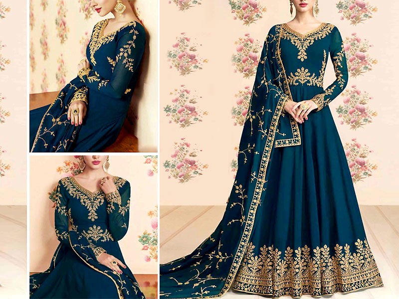 Indian Embroidered Navy Blue Chiffon Maxi Price in Pakistan