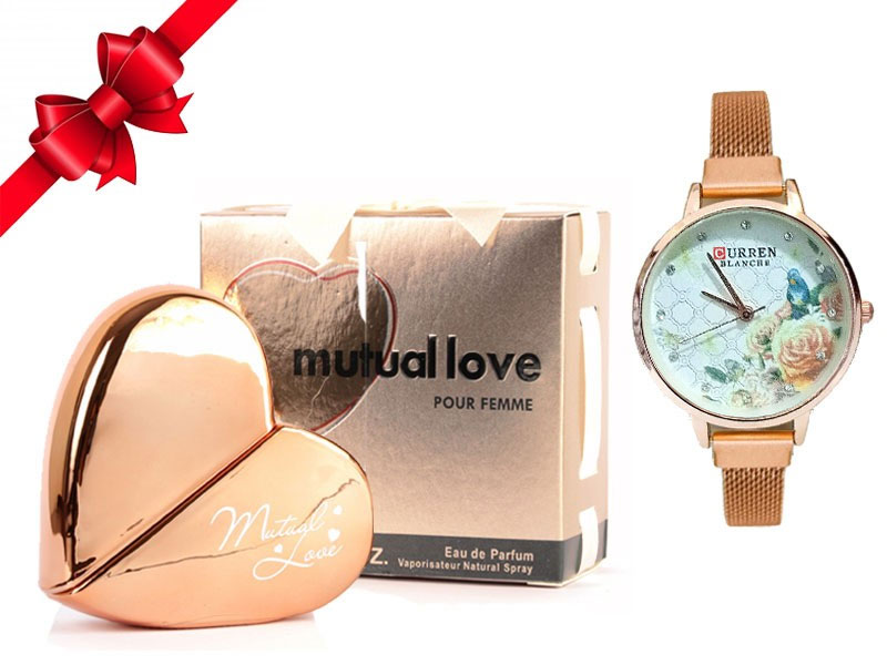 Golden Heart Shaped Mutual Love Perfume & Watch Gift Pack for Her