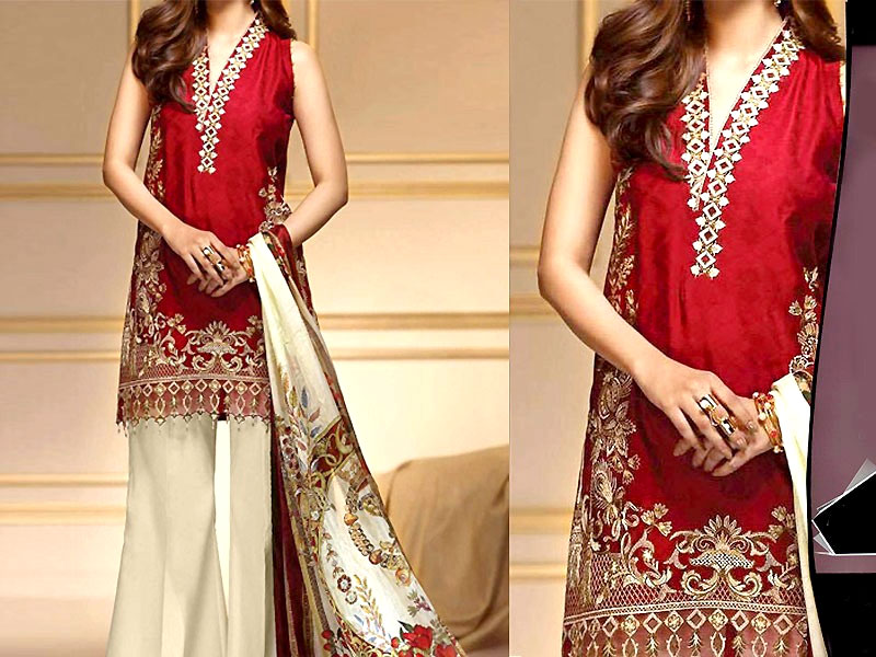 Stylish Heavy Embroidered Red Lawn Dress with Chiffon Dupatta Price in Pakistan
