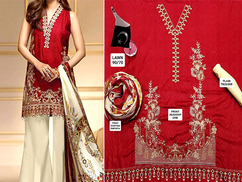 Stylish Heavy Embroidered Red Lawn Dress with Chiffon Dupatta