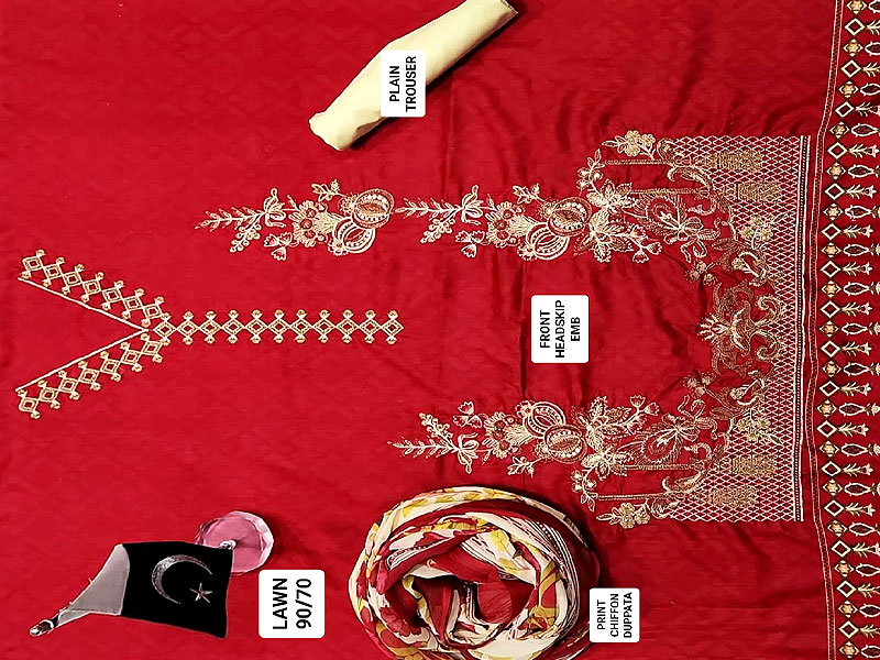 Stylish Heavy Embroidered Red Lawn Dress with Chiffon Dupatta