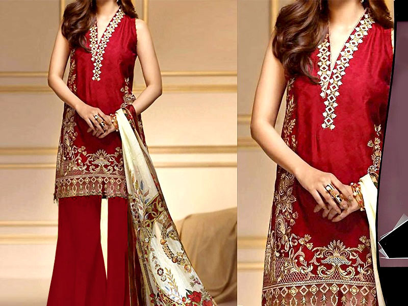 Stylish Heavy Embroidered Red Lawn Dress with Chiffon Dupatta Price in Pakistan