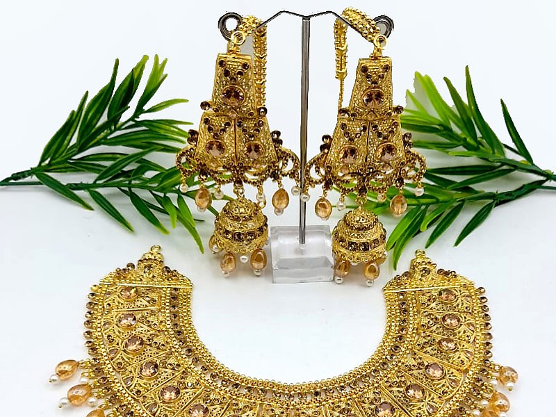 Glamorous Cubic Zirconia Bridal Necklace Set with Jhumkas, Jhoomar & Tikka