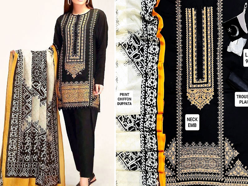 Decent Embroidered Black Lawn Suit with Chiffon Dupatta