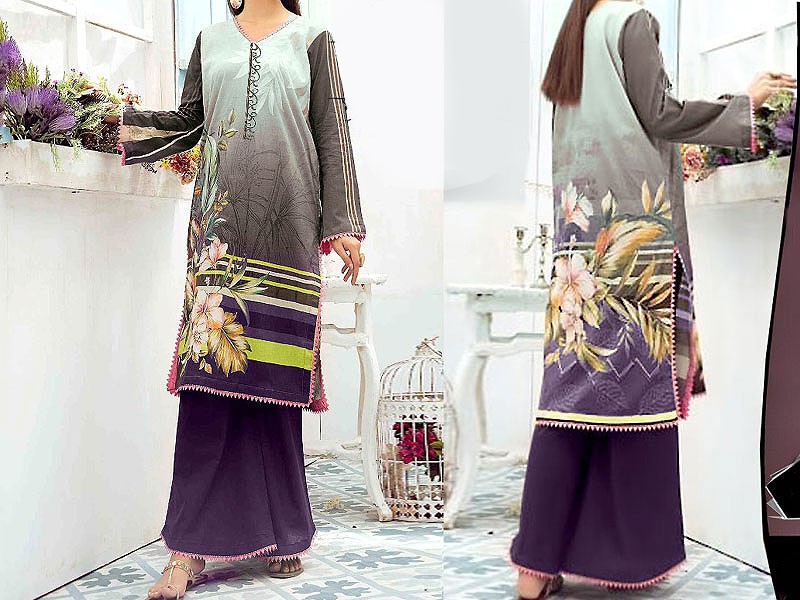 Elegant Embroidered Ombre Style Lawn Dress with Chiffon Dupatta