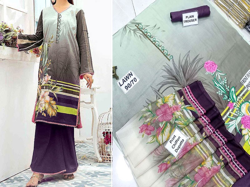 Elegant Embroidered Ombre Style Lawn Dress with Chiffon Dupatta