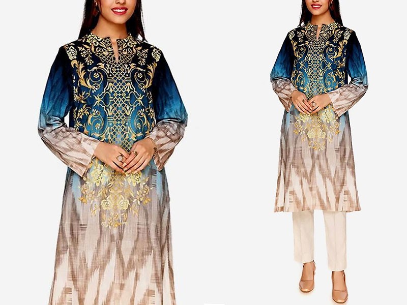 Embroidered Ombre Style Lawn Dress with Chiffon Dupatta Price in Pakistan