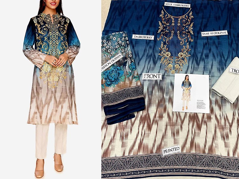 Embroidered Ombre Style Lawn Dress with Chiffon Dupatta