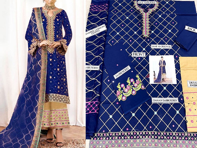 Luxury Embroidered Fancy Cotton Lawn Suit with Embroidered Bamber Chiffon Dupatta