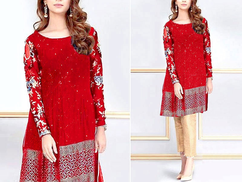 2-Piece Heavy Sequins Embroidered Red Lawn Dress with Embroidered Trouser