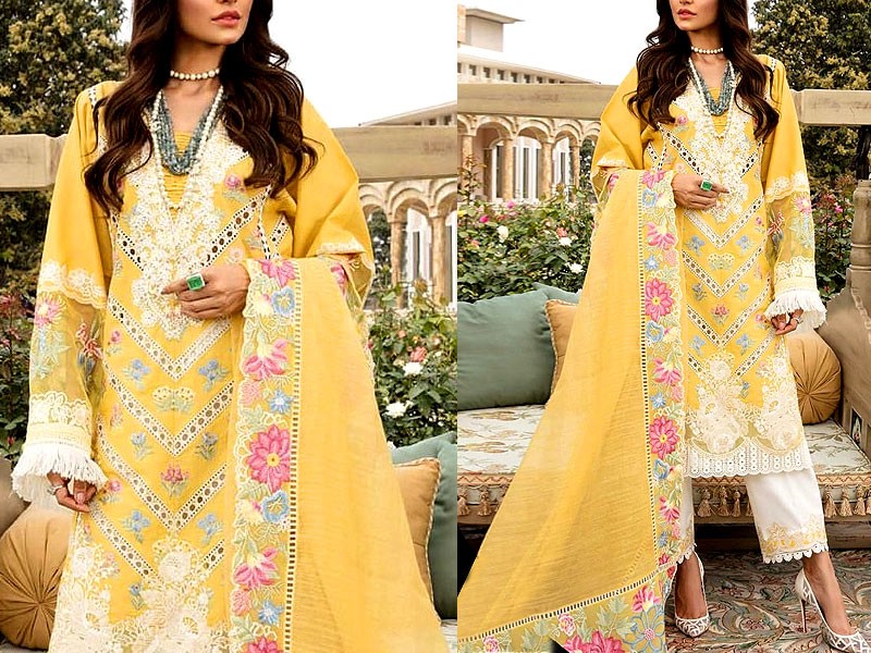 Luxurious Schiffli Embroidered Lawn Dress with Embroidered Organza Dupatta Price in Pakistan