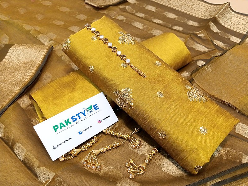 Deep Beige Embroidered Raw Silk Dress Material – Chinaya Banaras