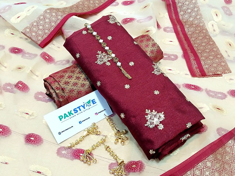 Banarsi Style Embroidered Raw Silk Dress with Jamawar Trouser