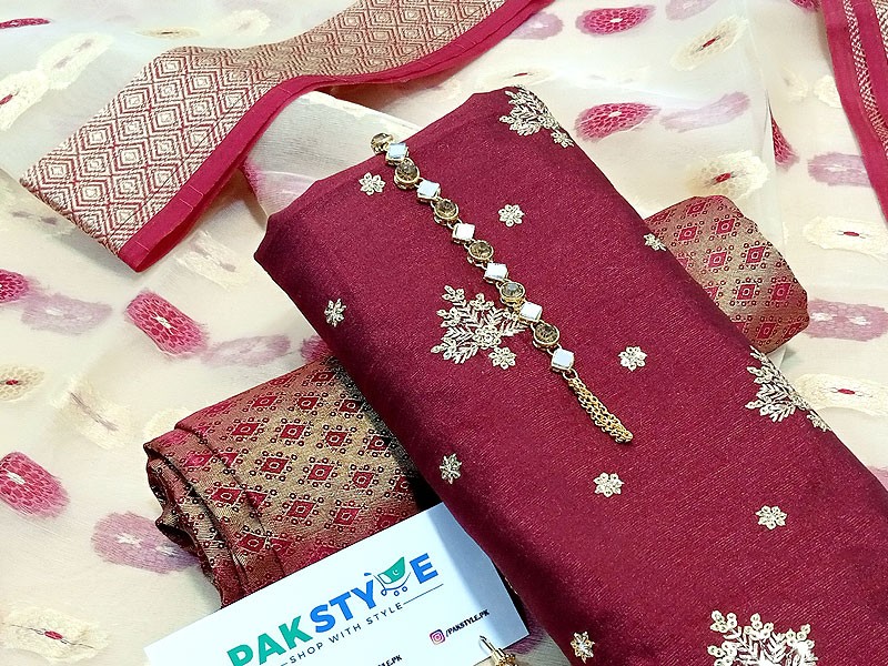 Banarsi Style Embroidered Raw Silk Dress with Jamawar Trouser