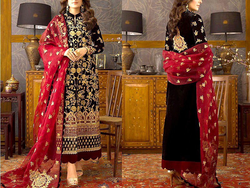 Heavy Embroidered 2-Piece Red Velvet Party Wear Dress Price in Pakistan