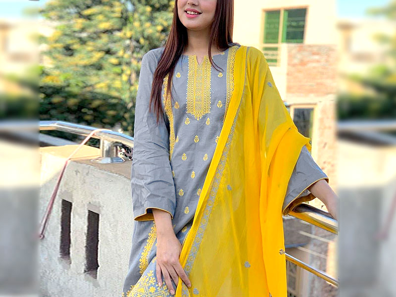 Traditional Style Embroidered Cotton Dress with Embroidered Chiffon Dupatta