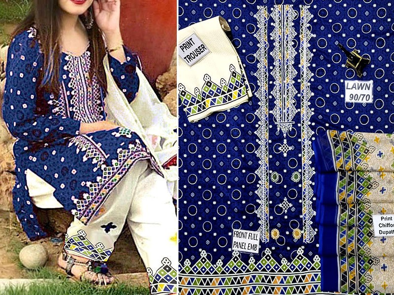 Cultural Full Front  Panel Embroidered Ajrak Design Lawn Dress with Chiffon Dupatta
