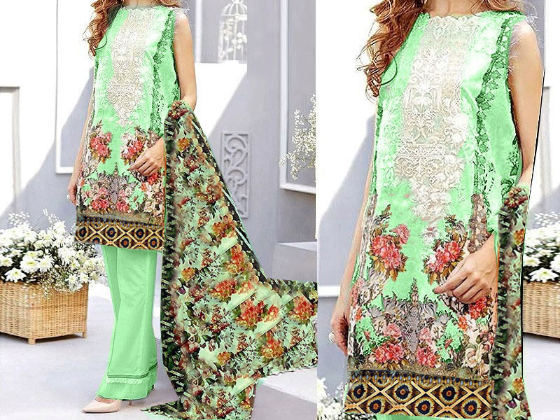Luxury Schiffli Embroidered Lawn Dress with Digital Print Silk Dupatta Price in Pakistan