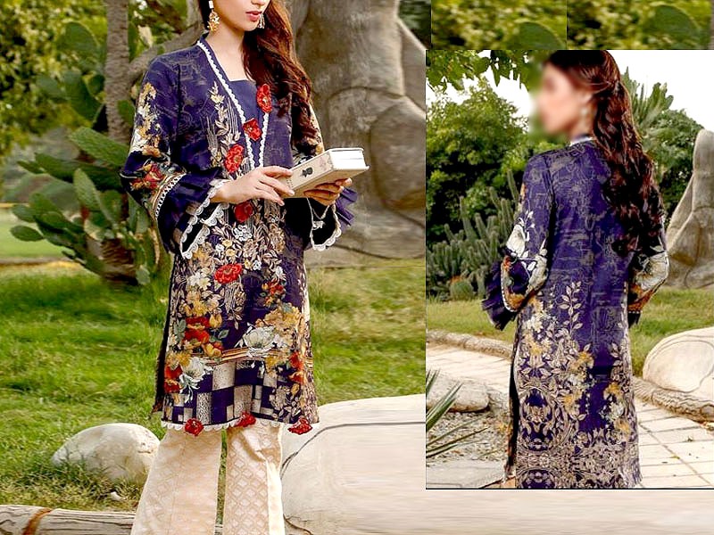 Floral Print Embroidered Blue Lawn Dress with Chiffon Dupatta