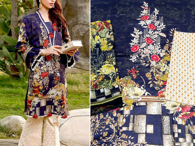 Floral Print Embroidered Lawn Dress with Chiffon Dupatta