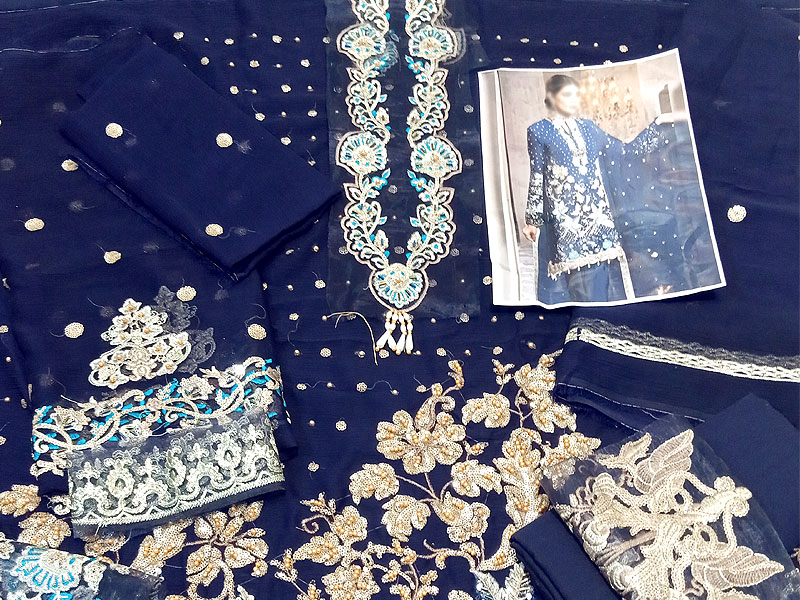 Handwork Heavy Embroidered Navy Blue Chiffon Wedding Dress