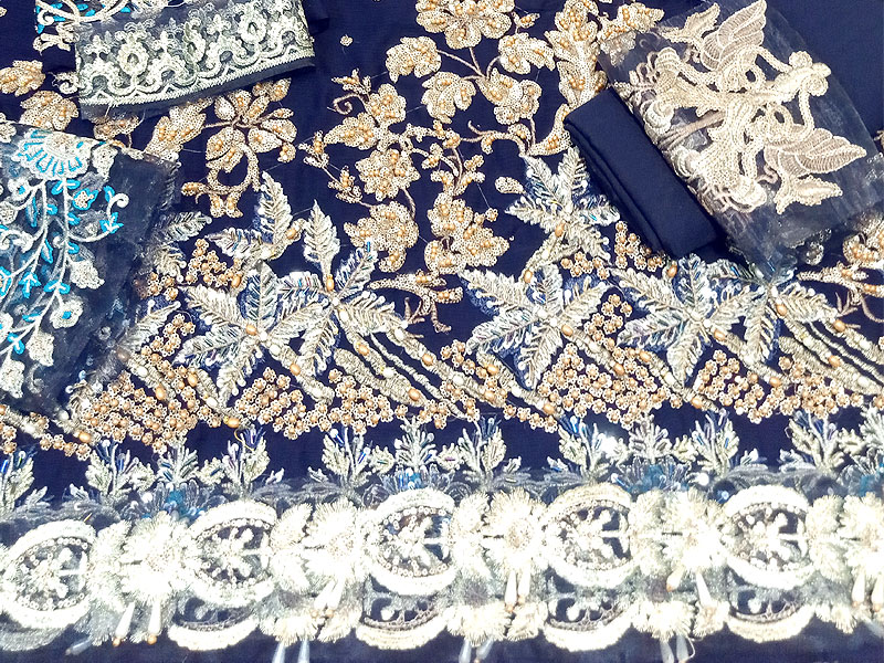 Handwork Heavy Embroidered Navy Blue Chiffon Wedding Dress