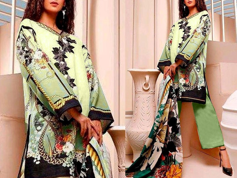 Neck Embroidered Lawn Suit with Chiffon Dupatta