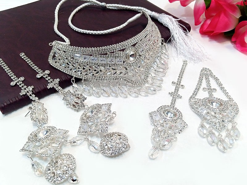 Silver Bridal Collar Choker Necklace Set with Earrings, Jhumar and Tikka